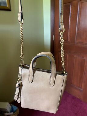 INC International Concepts Beige Leather Crossbody Bag with Gold Chain